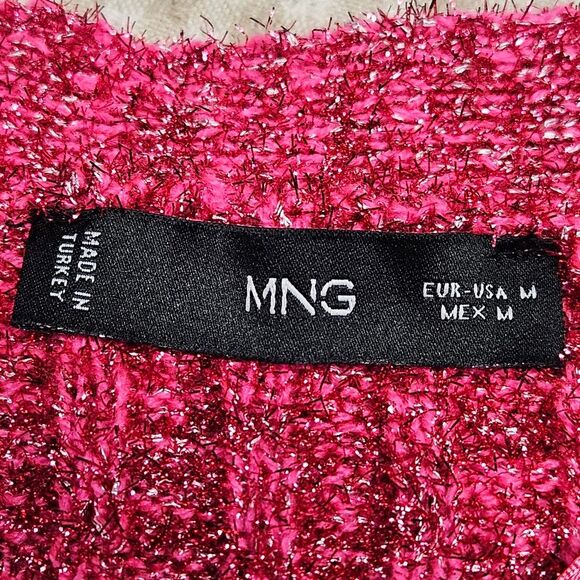 Mango Pink Fuchsia Metallic Cable Knit Long Sleeve Festive Chic Cropped Sweater - Picture 5 of 15